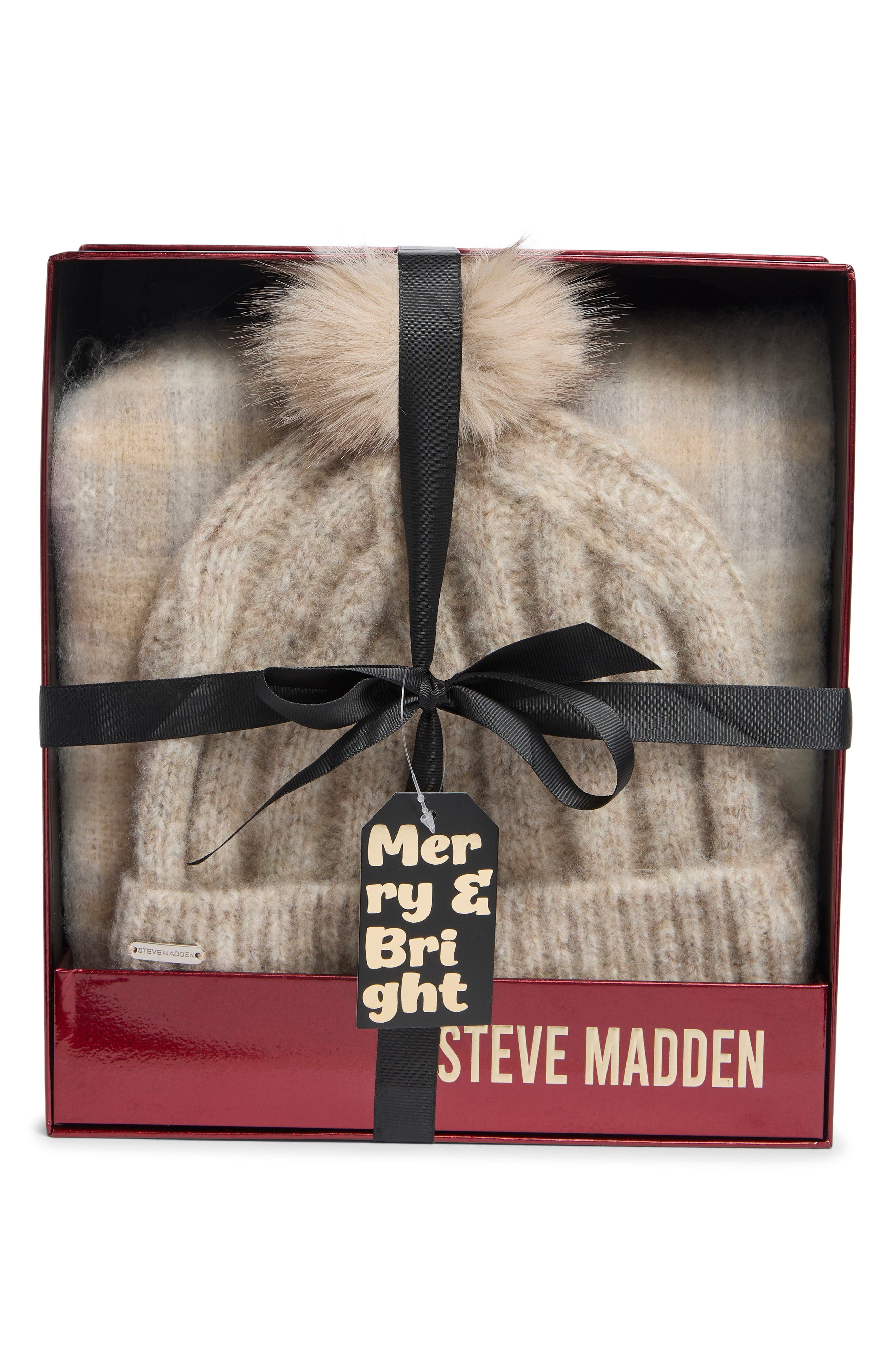 Chunky Ribbed Faux Fur Pompom Beanie & Scarf Set