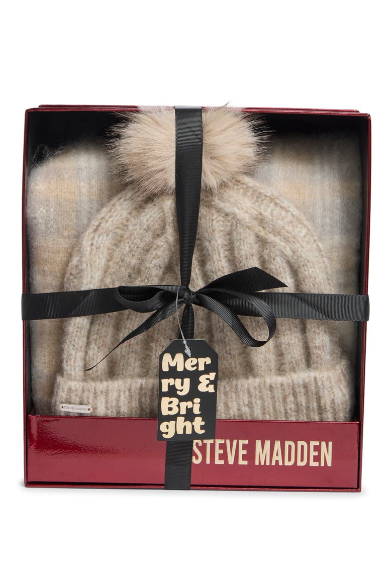 Chunky Ribbed Faux Fur Pompom Beanie & Scarf Set, Main, color, NEUTRAL