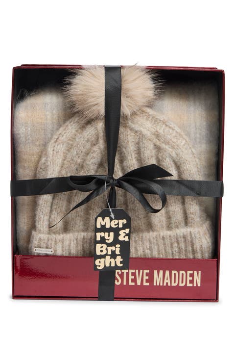 Chunky Ribbed Faux Fur Pompom Beanie & Scarf Set