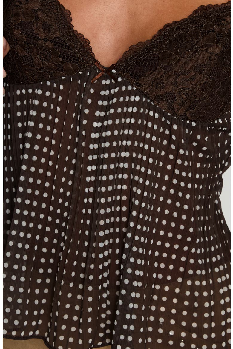 Zami Pleated Lace Trim & Polka Dot Semisheer Camisole, Alternate, color, BROWN POLKA