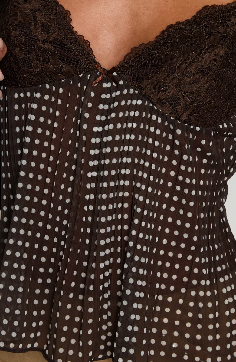 Princess Polly Zami Pleated Lace Trim & Polka Dot Semisheer Camisole, Alternate, color, Brown Polka