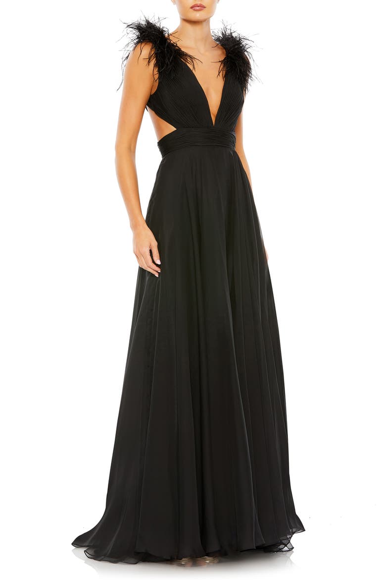 Feather-Trim Plunge A-Line Gown, Main, color, BLACK