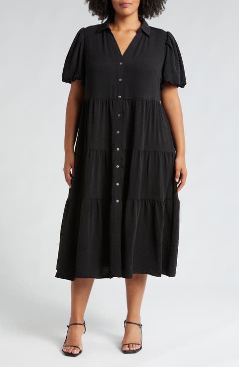Women’s Plus Size Summer Dress – Button V-Neck, Puff Sleeve, Flowy Maxi Dress