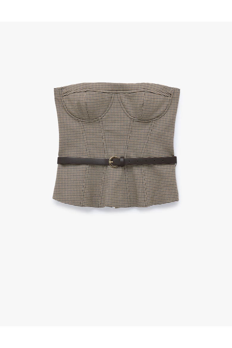 Strapless Houndstooth Corset Top With Belt, Alternate, color, BROWN CHECK