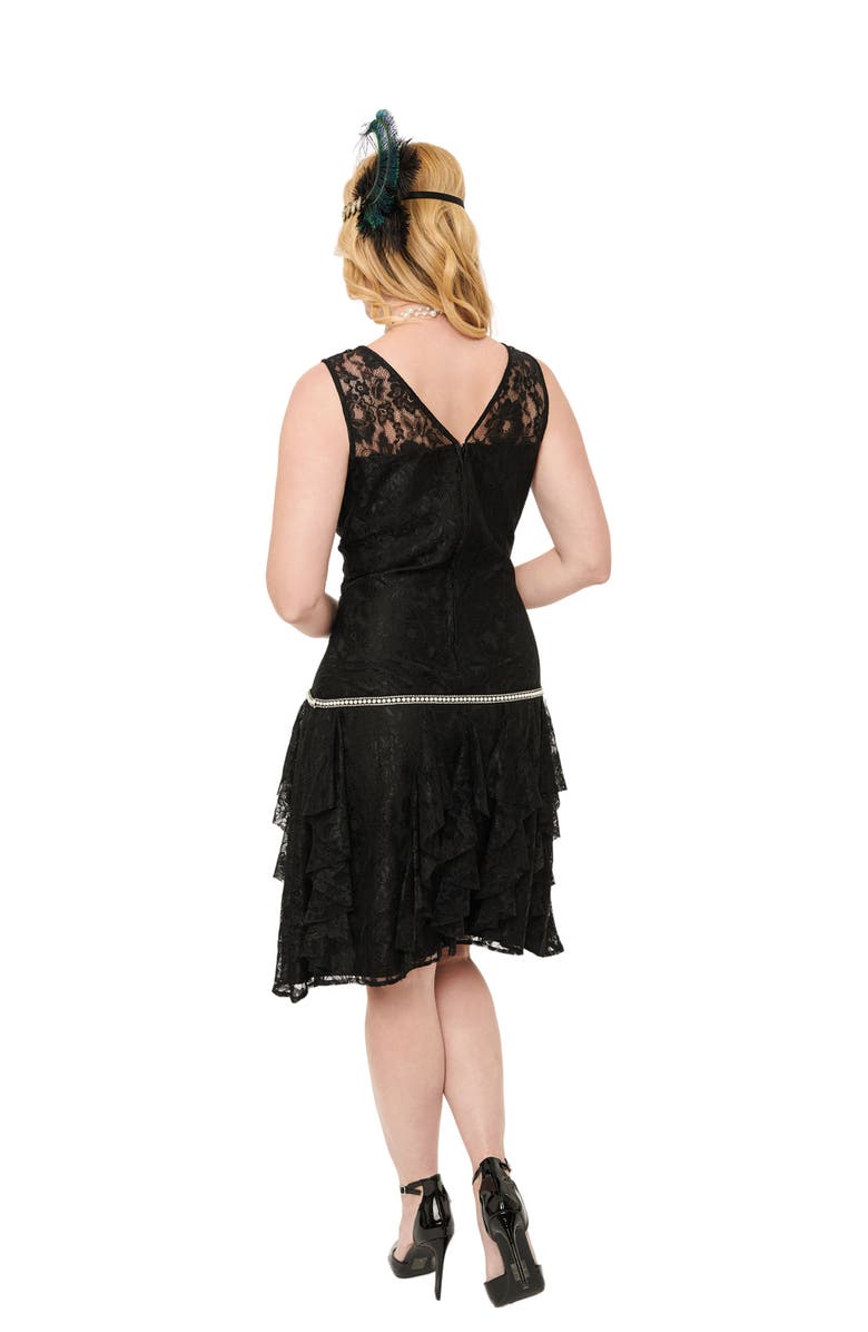 Unique Vintage 1920s Lace & Floral Ruffle Flapper Dress, Alternate, color, Black