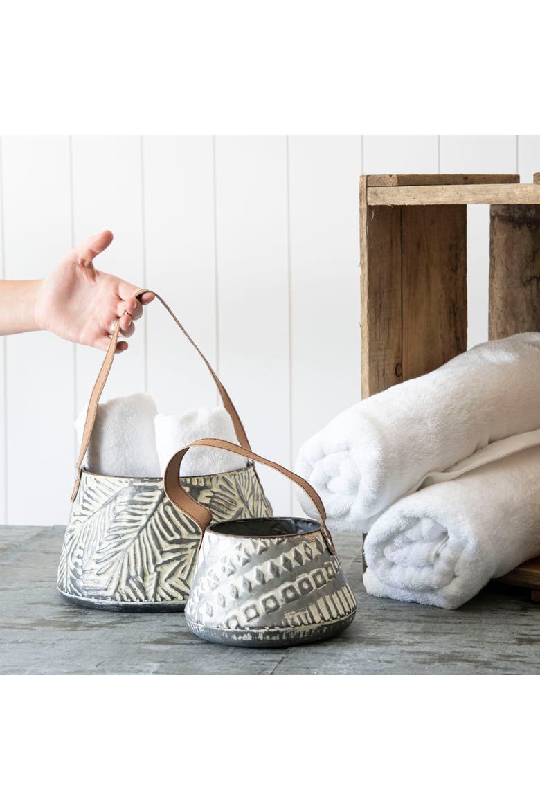 Set of 2 Rustic Whitewashed Pattern Galvanized Metal Decorative Storage Baskets, Alternate, color, Silver