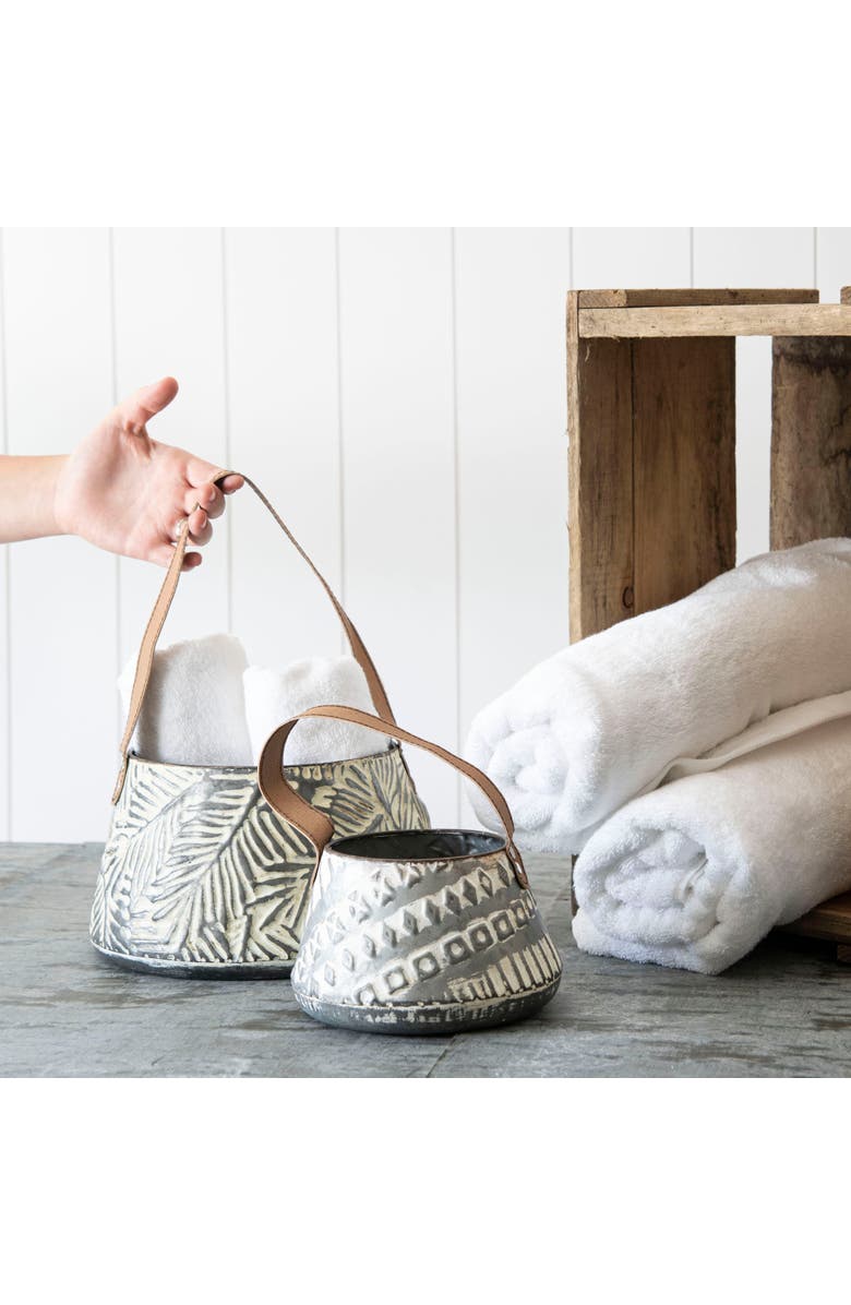 Foreside Home and Garden Set of 2 Rustic Whitewashed Pattern Galvanized Metal Decorative Storage Baskets, Alternate, color, Silver