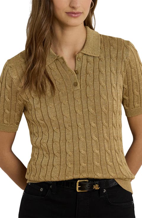 Metallic Cable Polo Sweater
