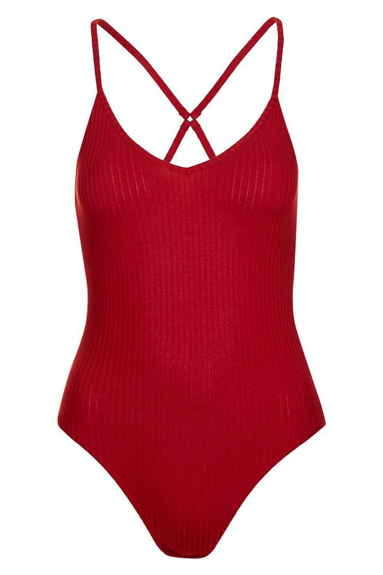 Crisscross Strap Bodysuit, Alternate, color, RED