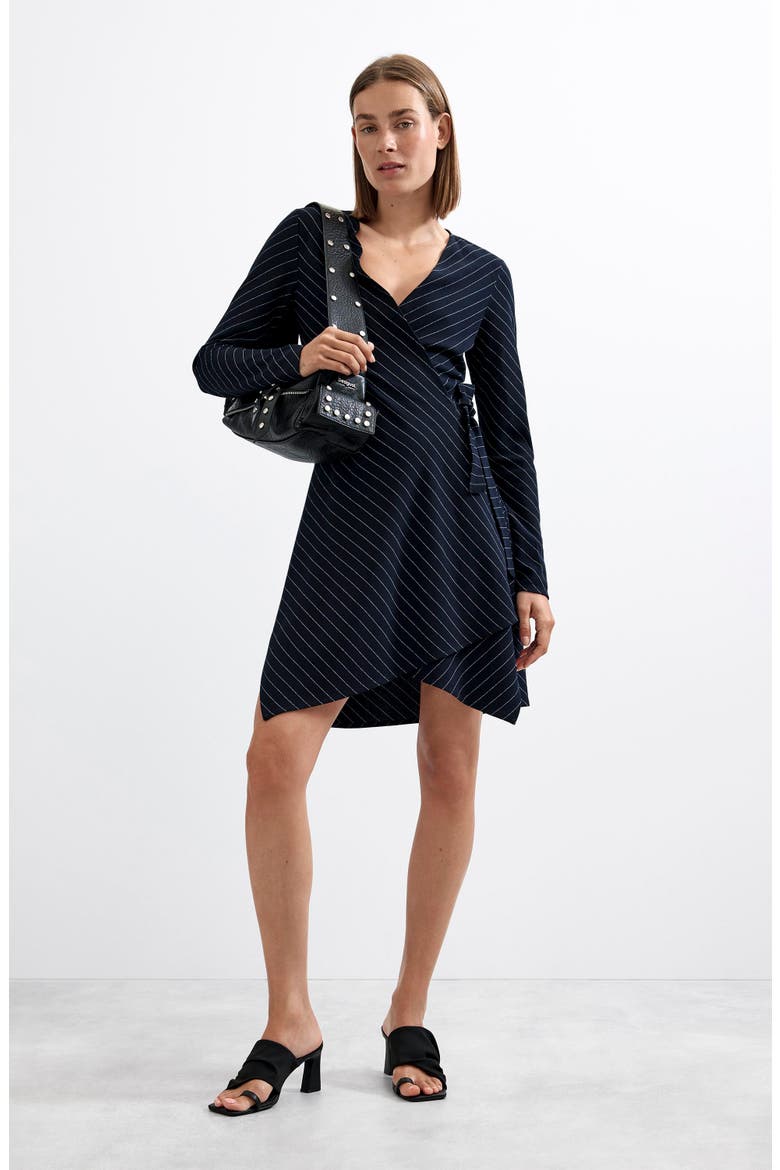 Pinstripe Long Sleeve Faux Wrap Dress, Alternate, color, BLACK
