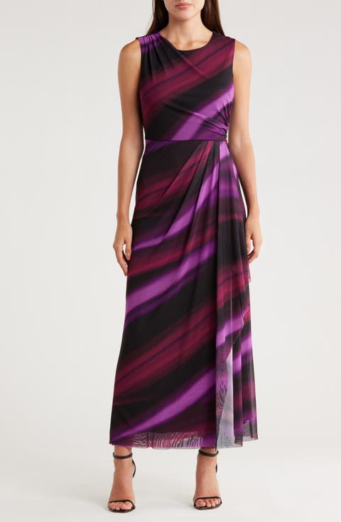 Sleeveless Ruched Mesh Maxi Dress