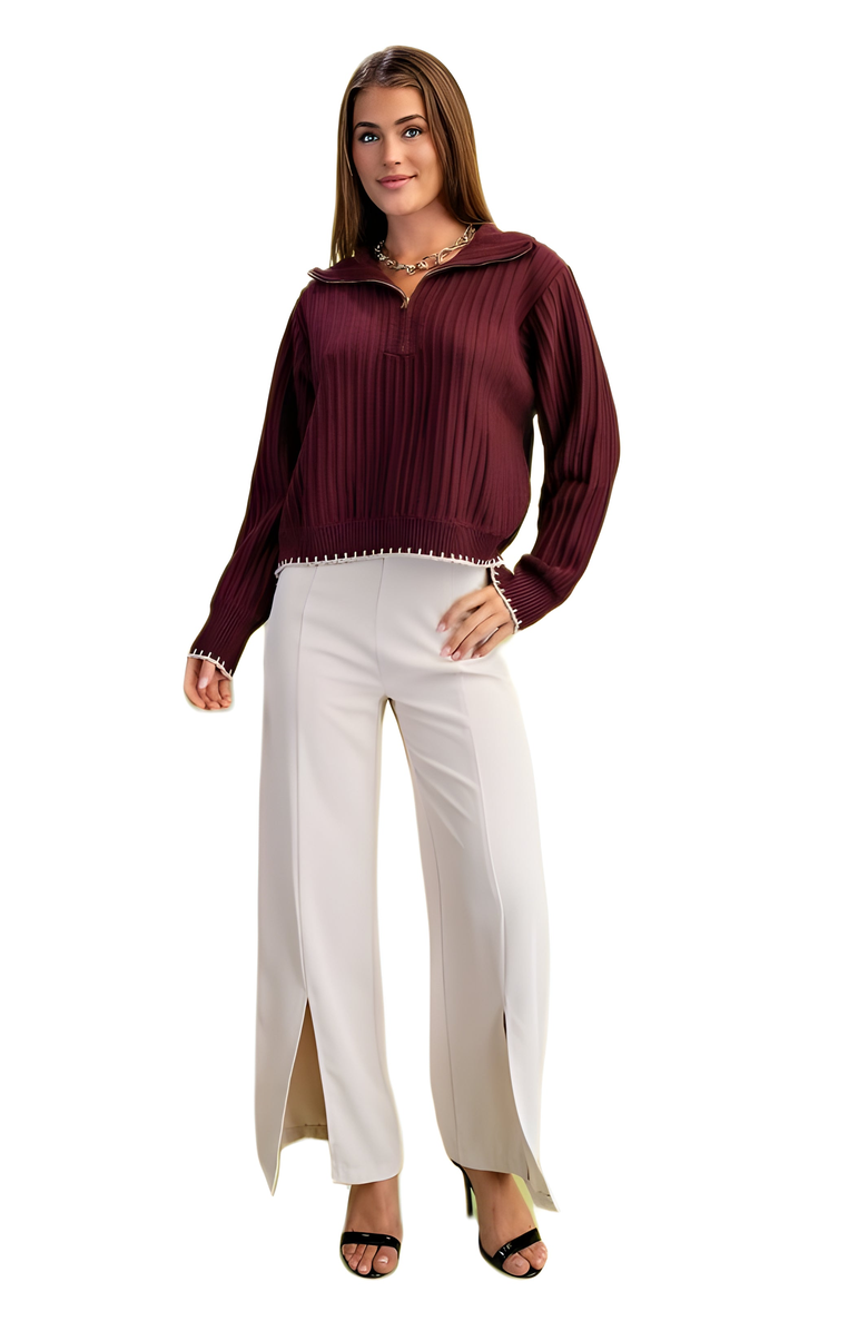 Knit and Lounge Pleated Ribbed Knit Half-Zip Sweater With Contrast Trim, Alternate, color, 