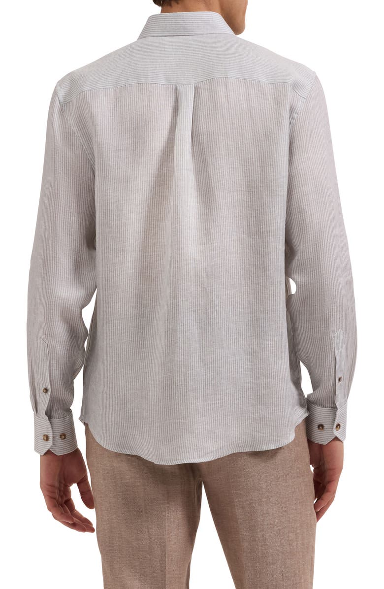 Bugatchi Stripe Shaped Fit Linen Button-Up Shirt, Alternate, color, Khaki