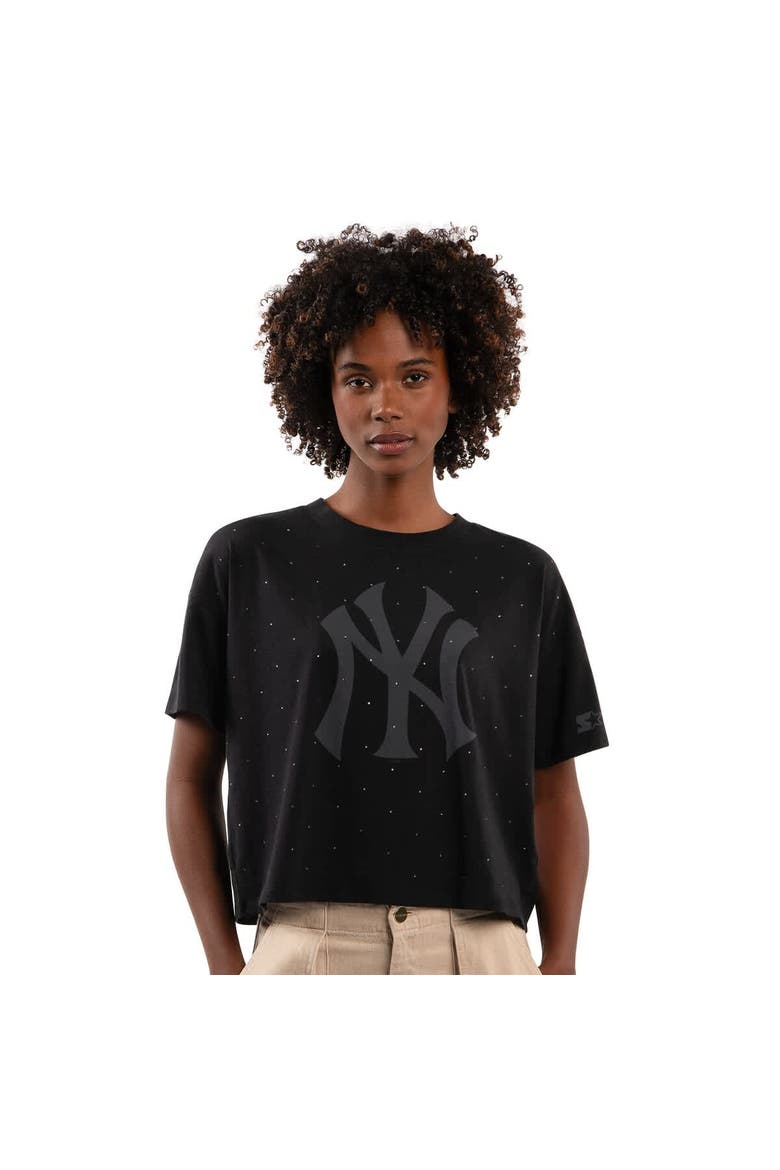Women's Starter Black New York Yankees Rhinestone Sprinkle Boxy Cropped T-Shirt, Main, color, Black