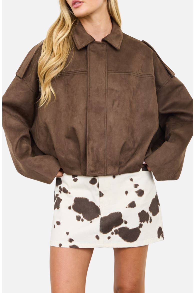 Faux Suede Epaulet Cropped Jacket, Main, color, DARK BROWN