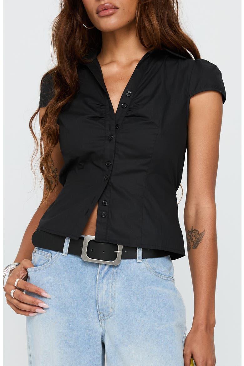Arianwyn Cap Sleeve Button-Up Shirt, Main, color, BLACK