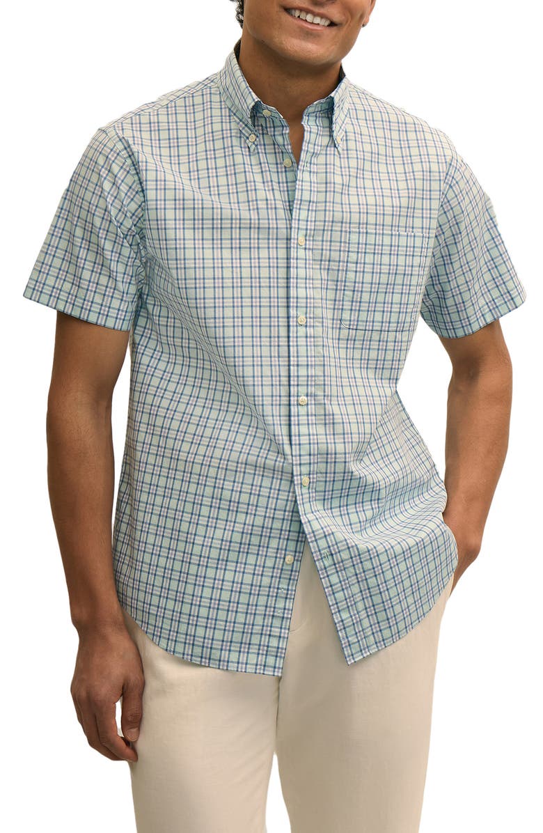 Brooks Brothers Friday Regular Fit Plaid Short Sleeve Cotton Poplin Button-Down Shirt, Main, color, Aquaesquechk