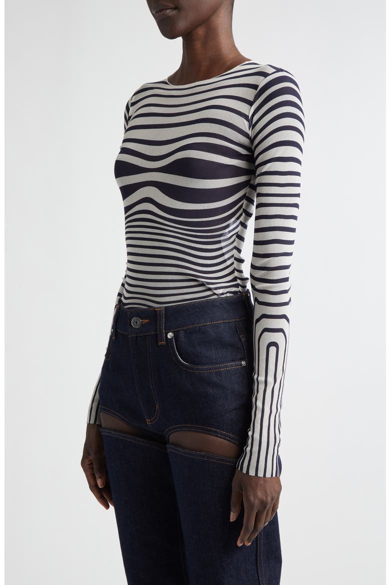 Re-Edition Body Morphing Trompe l'Oeil Long Sleeve Mesh Top, Alternate, color, ECRU/ NAVY