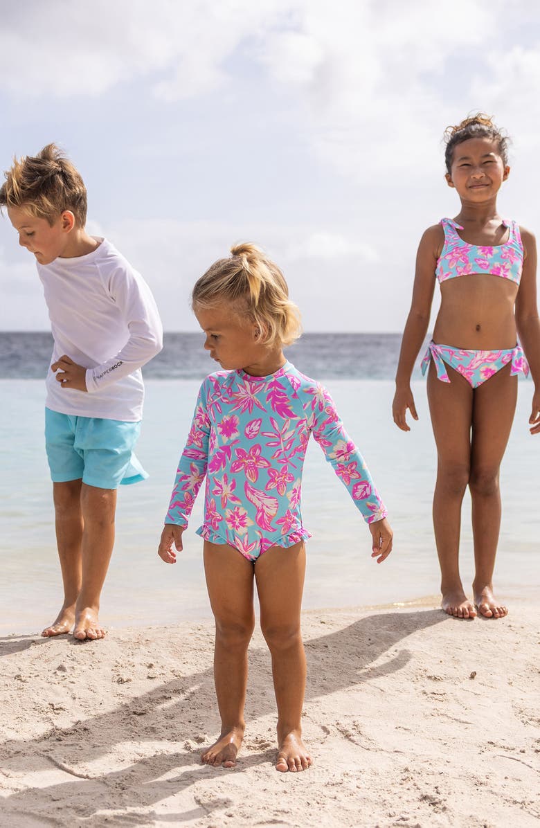 Snapper Rock Kids' Tropical Glow Ruffle Long Sleeve UPF 50+ One-Piece Rashguard Swimsuit, Alternate, color, 