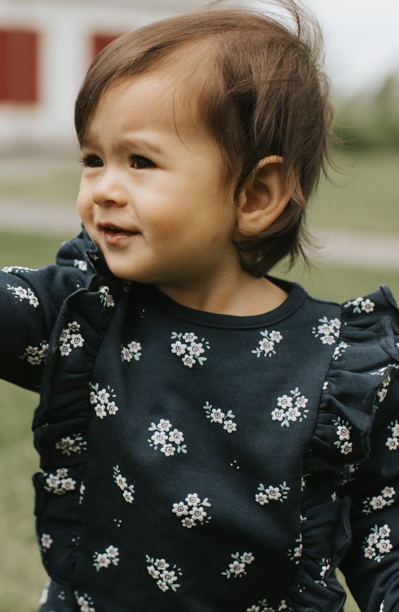 FIRSTS by Petit Lem Floral Print Ruffle Fleece Sweatshirt & Joggers Set, Alternate, color, Navy