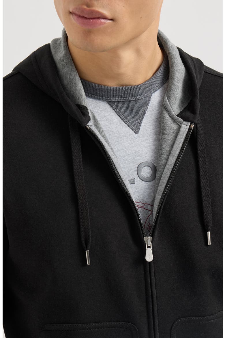 Cotton, cashmere and silk French terry double cloth hooded sweatshirt with zipper, Alternate, color, Black