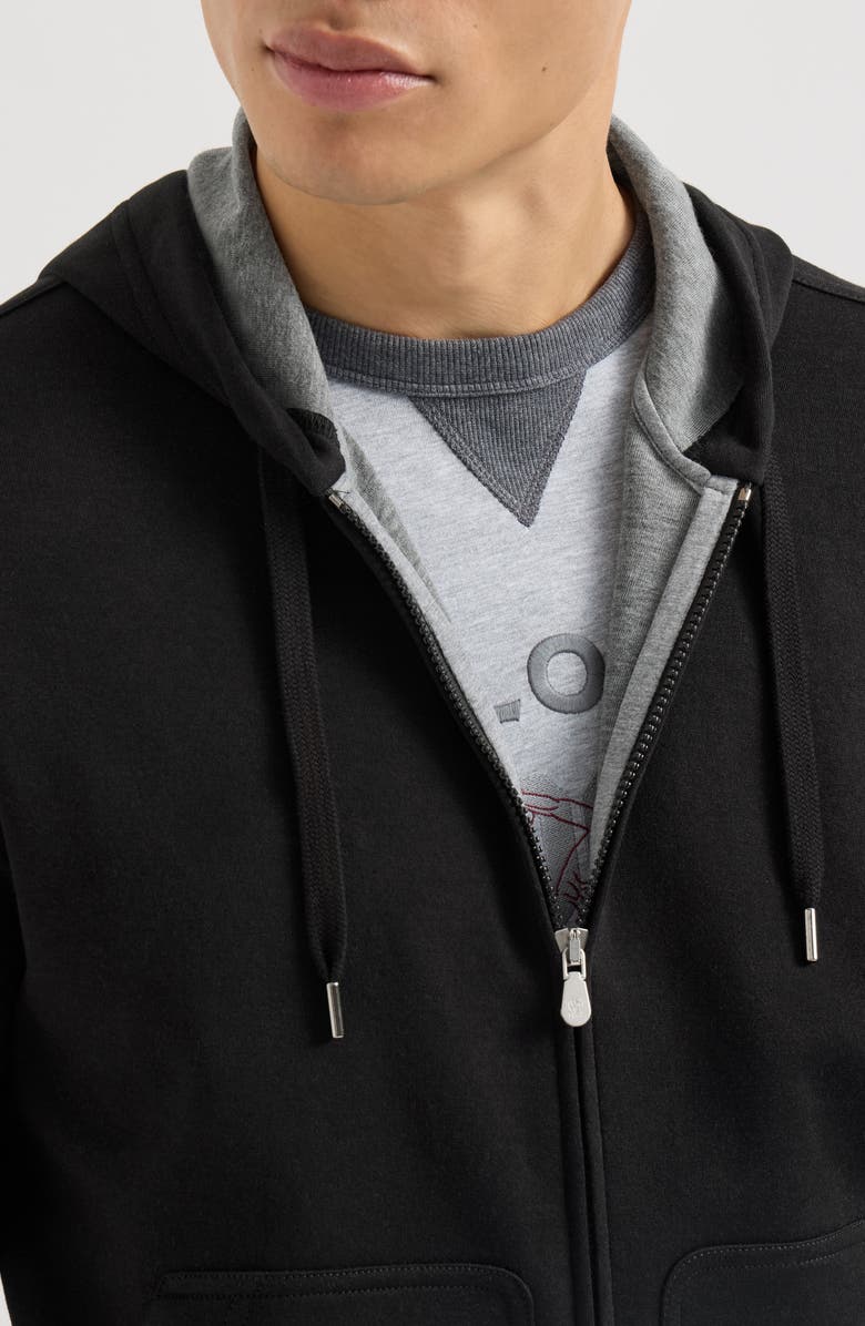 Brunello Cucinelli Cotton, cashmere and silk French terry double cloth hooded sweatshirt with zipper, Alternate, color, Black