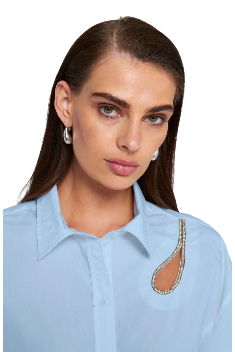 Rhinestone Trim Cutout Shirt Button Down Top, Alternate, color, Baby Blue