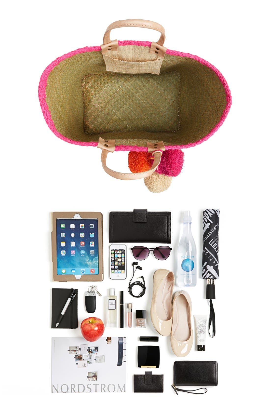 'Capri' Woven Tote with Pom Charms, Alternate, color, PINK