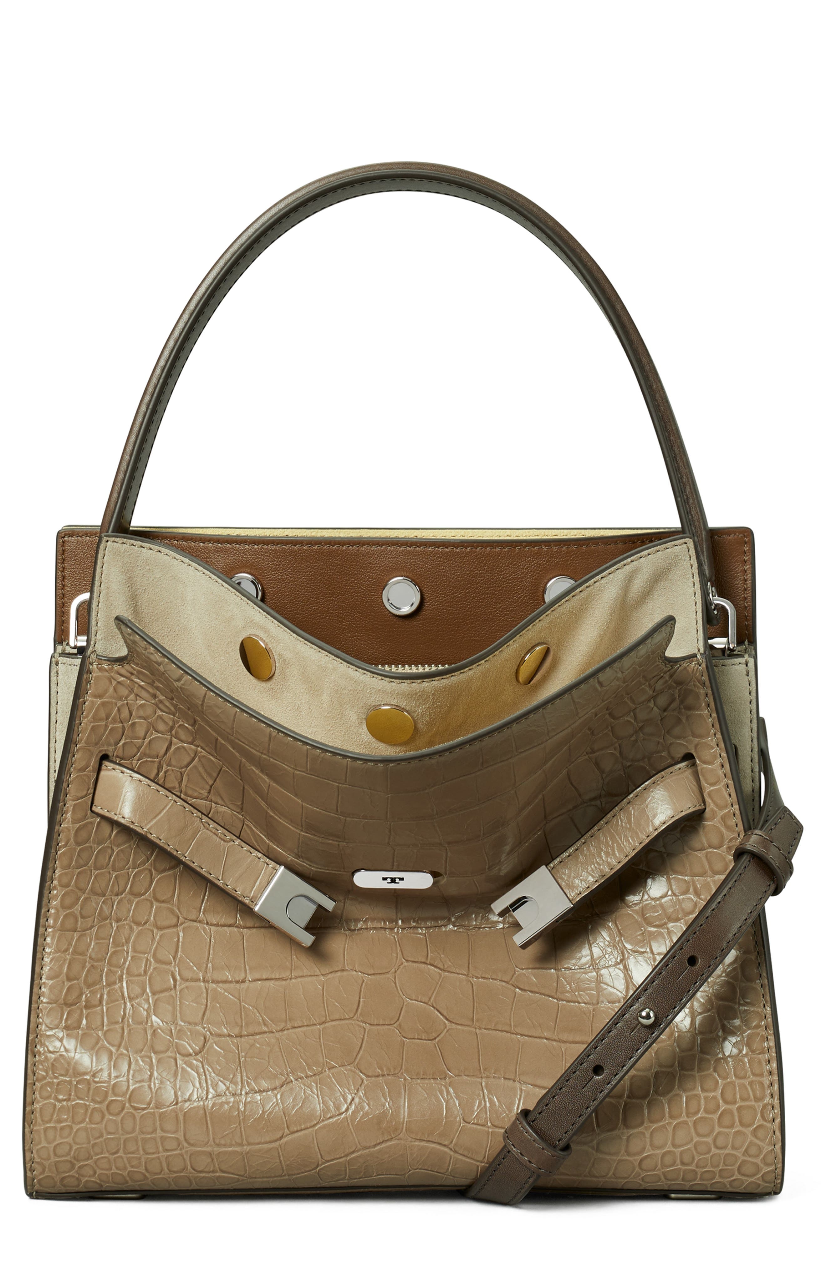 Tory Burch Small Lee Radziwill Croc Embossed Leather Double Bag, Main, color, Brown Shale