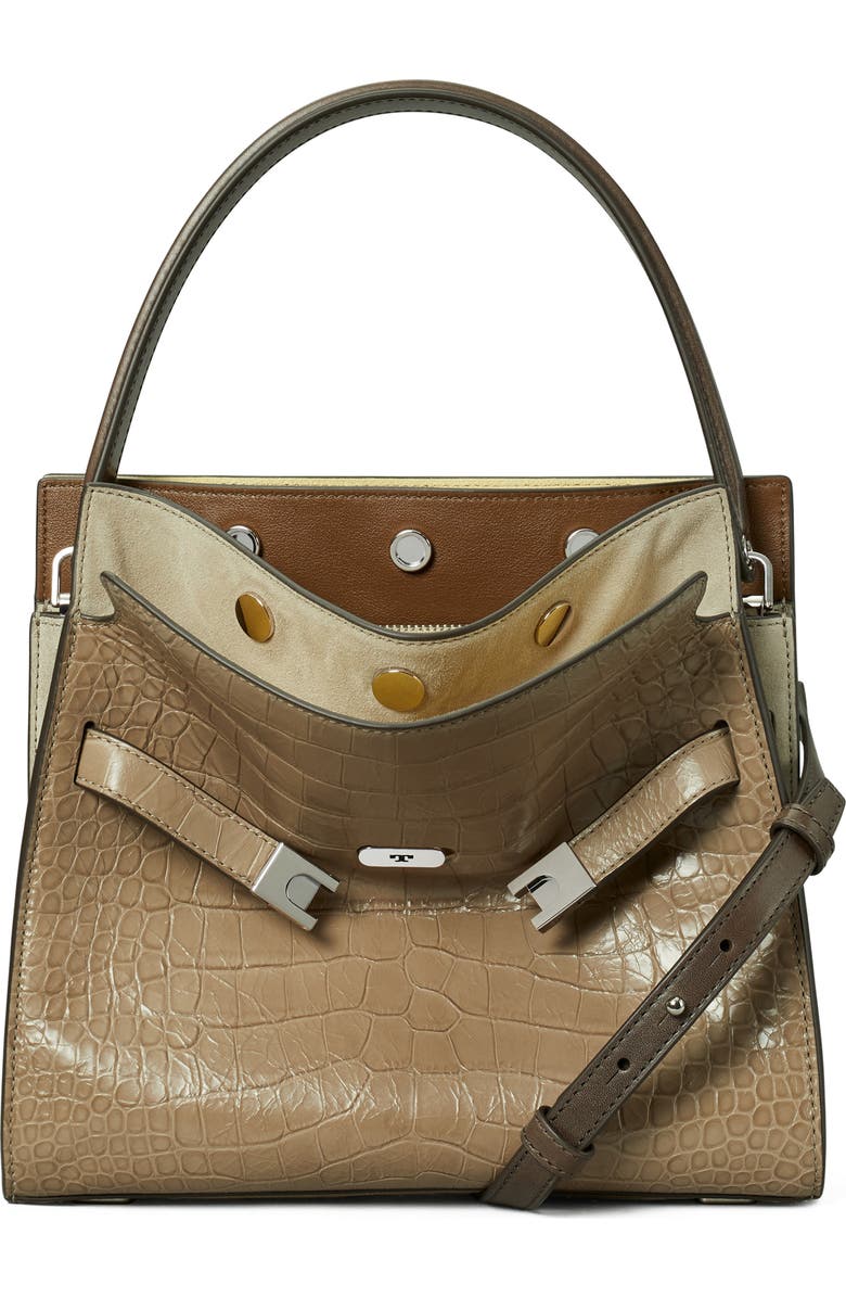 Tory Burch Small Lee Radziwill Croc Embossed Leather Double Bag, Main, color, Brown Shale
