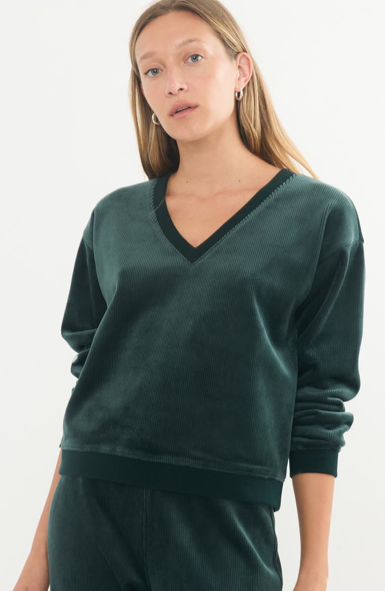 Marine Layer Corded Velour V-Neck Top, Alternate, color, Green Gables