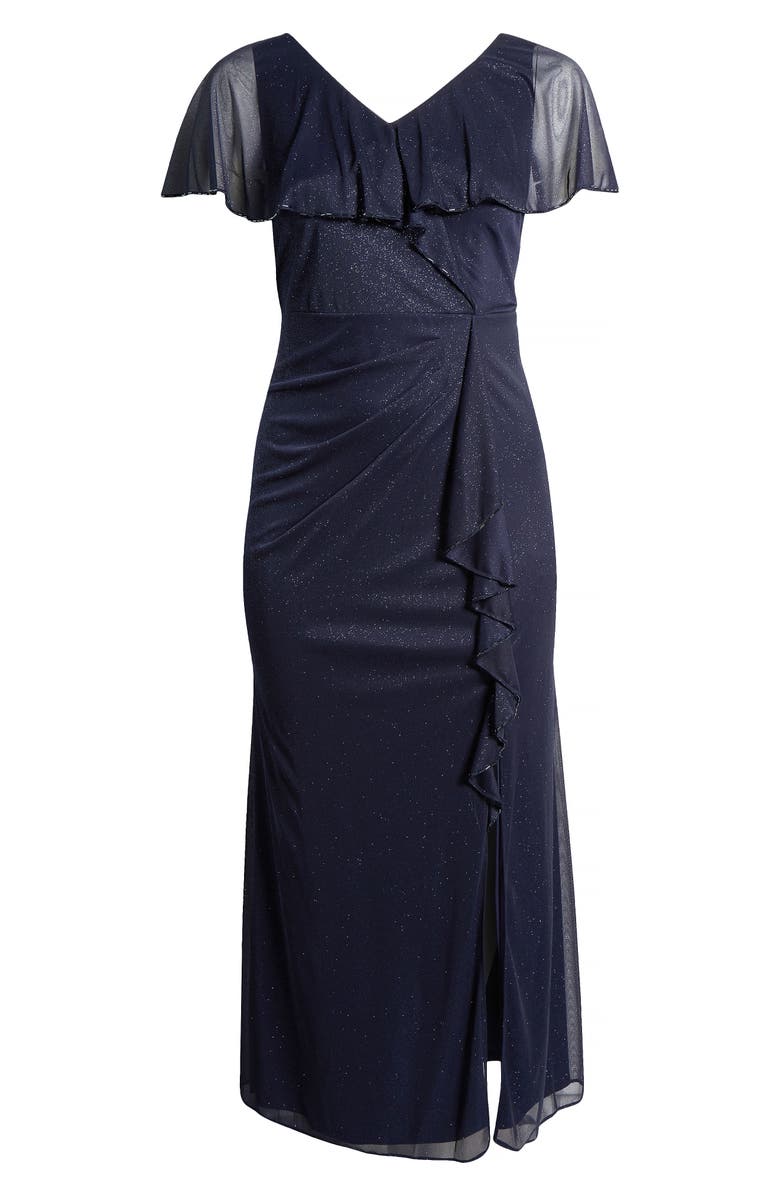 SL FASHIONS Beaded Shimmer Capelet Gown, Alternate, color, Navy