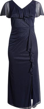 SL FASHIONS Beaded Shimmer Capelet Gown