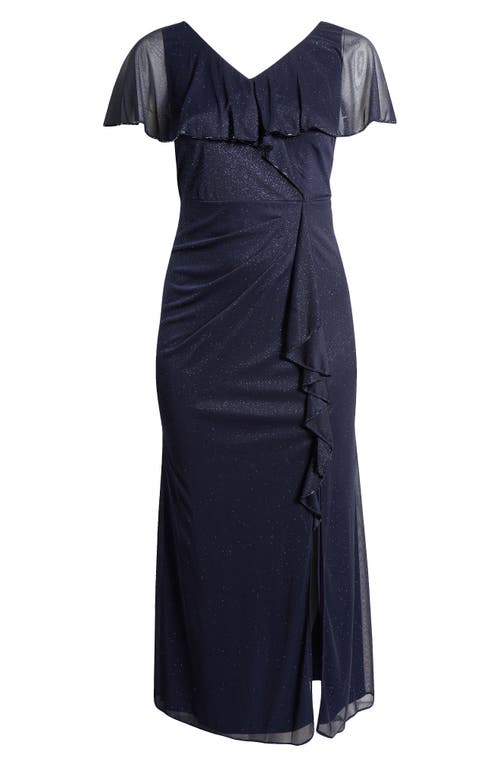 Sl Fashions Beaded Shimmer Capelet Gown In Navy