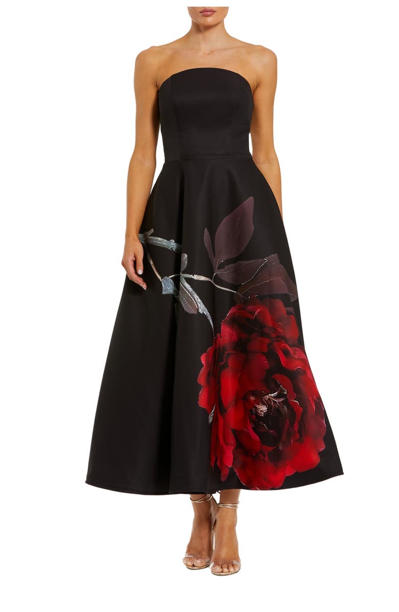 Mac Duggal Crepe Printed Strapless Midi Dress With Pockets, Main, color, Black Rose