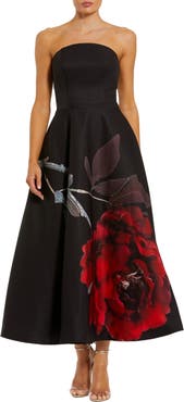 Mac Duggal Crepe Printed Strapless Midi Dress With Pockets