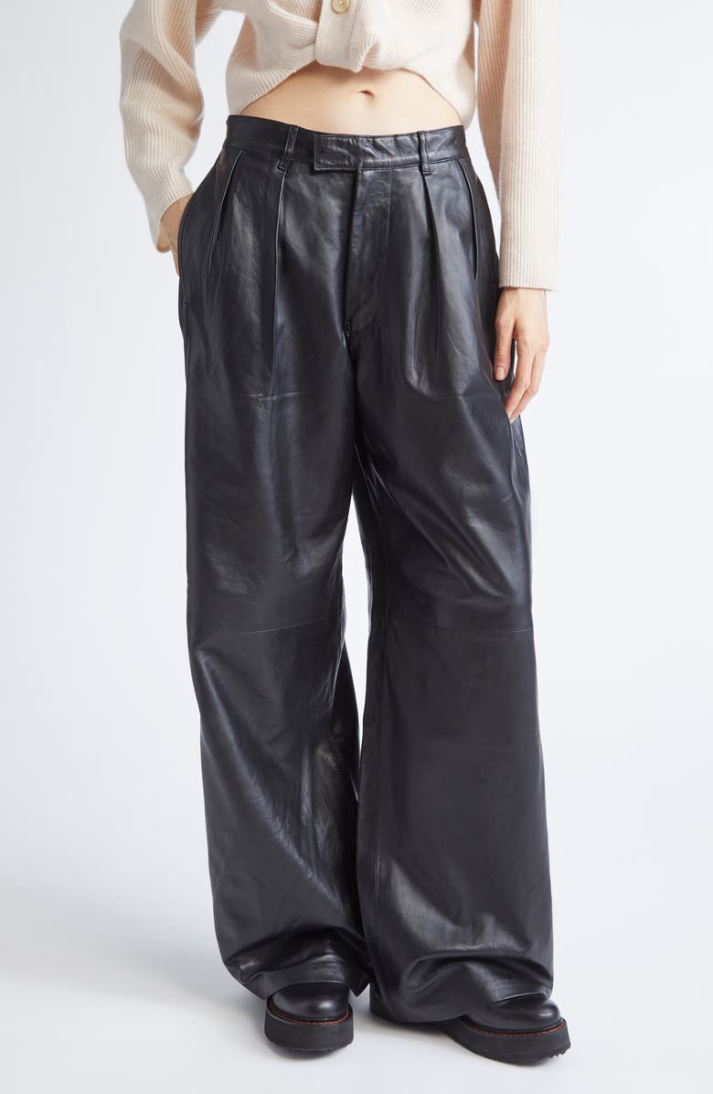 R13 Pleated Wide Leg Leather Pants, Main, color, Black