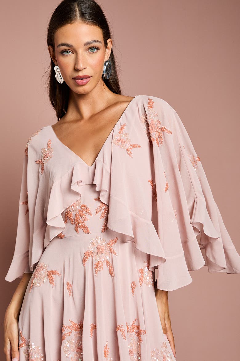 Embellished Frill Cape Midi Dress, Alternate, color, Nude