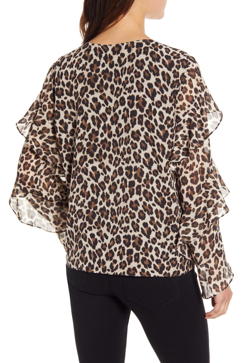 Leopard Print Tiered Sleeve Blouse, Alternate, color, RICH BLACK