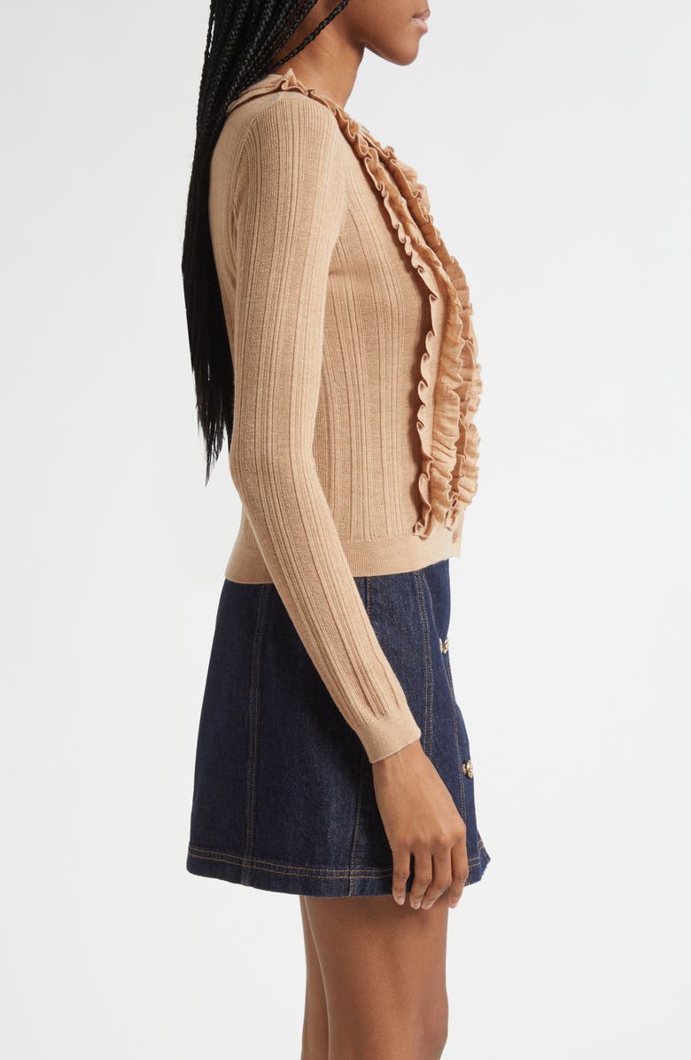 Ulla Johnson Maryel Ruffle & Lace Merino Wool Cardigan, Alternate, color, Camel Melange