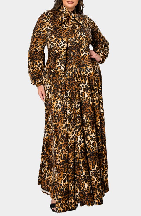 Luciana Leopard Print Tie Neck Long Sleeve Maxi Dress (Plus)