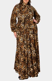 L I V D Luciana Leopard Print Tie Neck Long Sleeve Maxi Dress