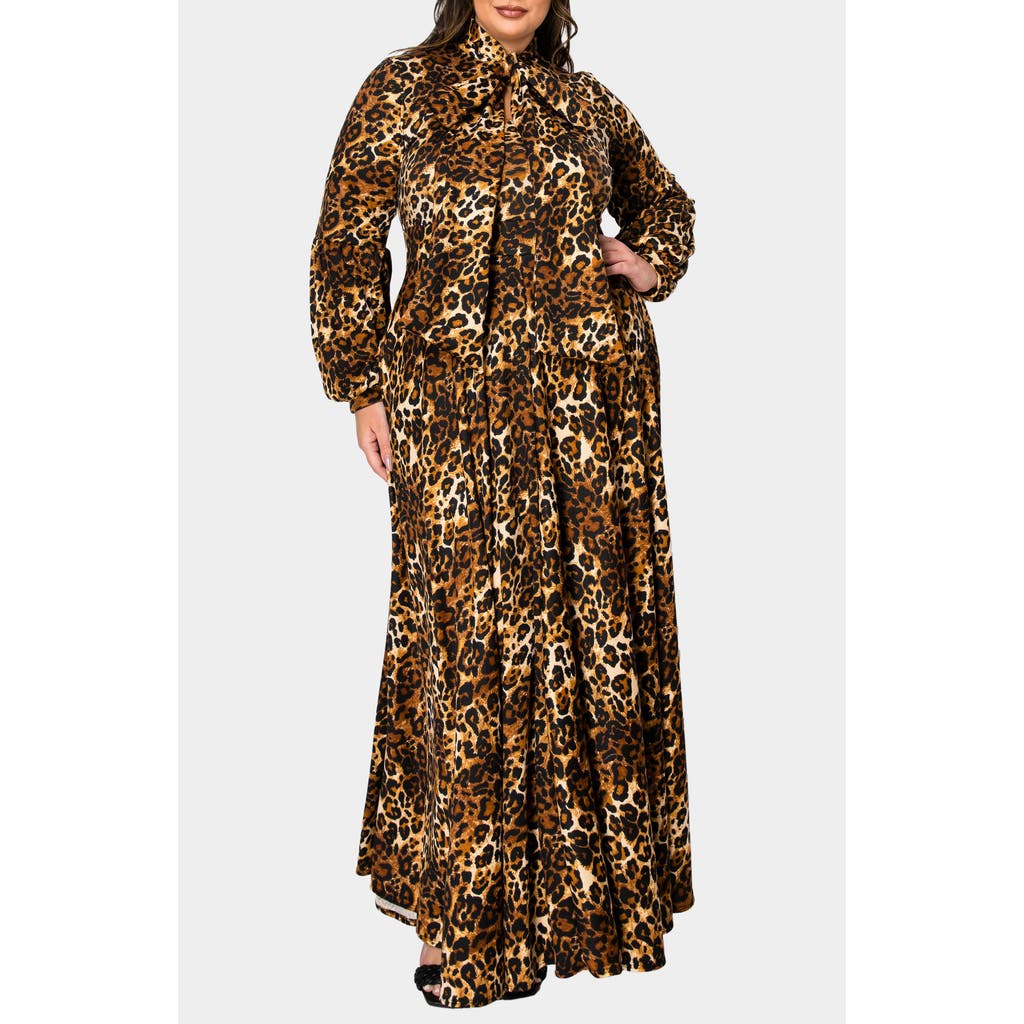 L I V D Luciana Leopard Print Tie Neck Long Sleeve Maxi Dress In Taupe