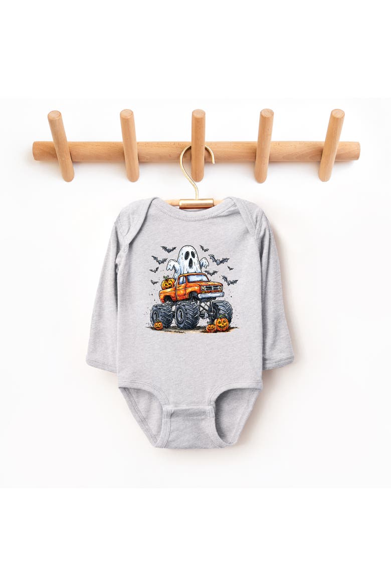 Monster Truck Ghost Infant Long Sleeve Bodysuit, Alternate, color, Heather Grey