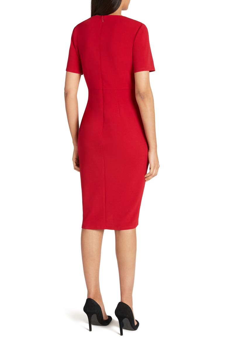 Tahari Asymmetrical Knot Sheath Dress, Alternate, color, Garnet Red