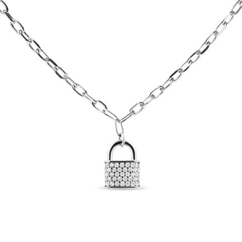 Silver 1/4 Cttw Diamond Lock Pendant Necklace with Paperclip Chain