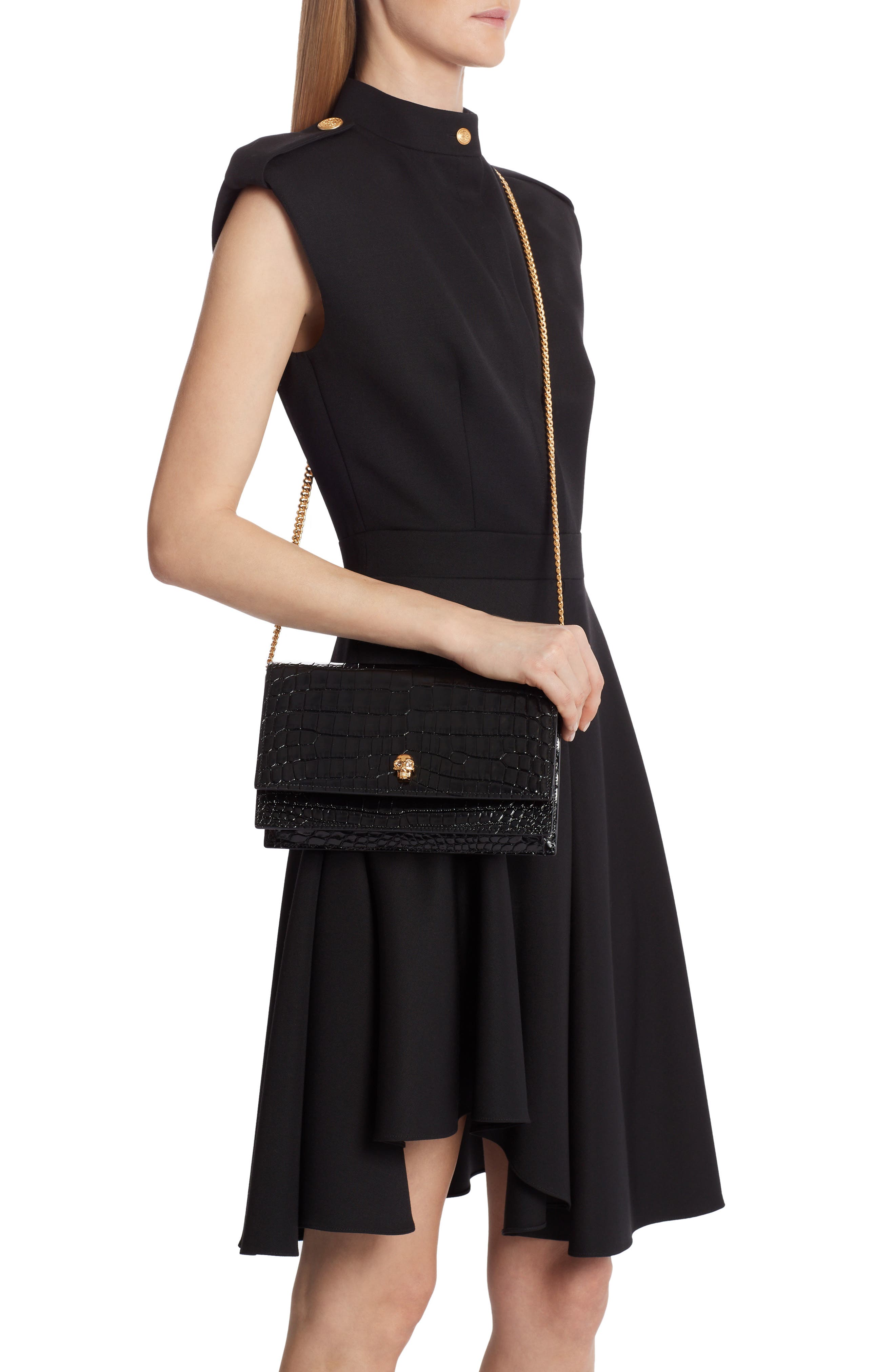 McQueen Alexander McQueen Skull Croc Embossed Leather Shoulder Bag, Alternate, color, 