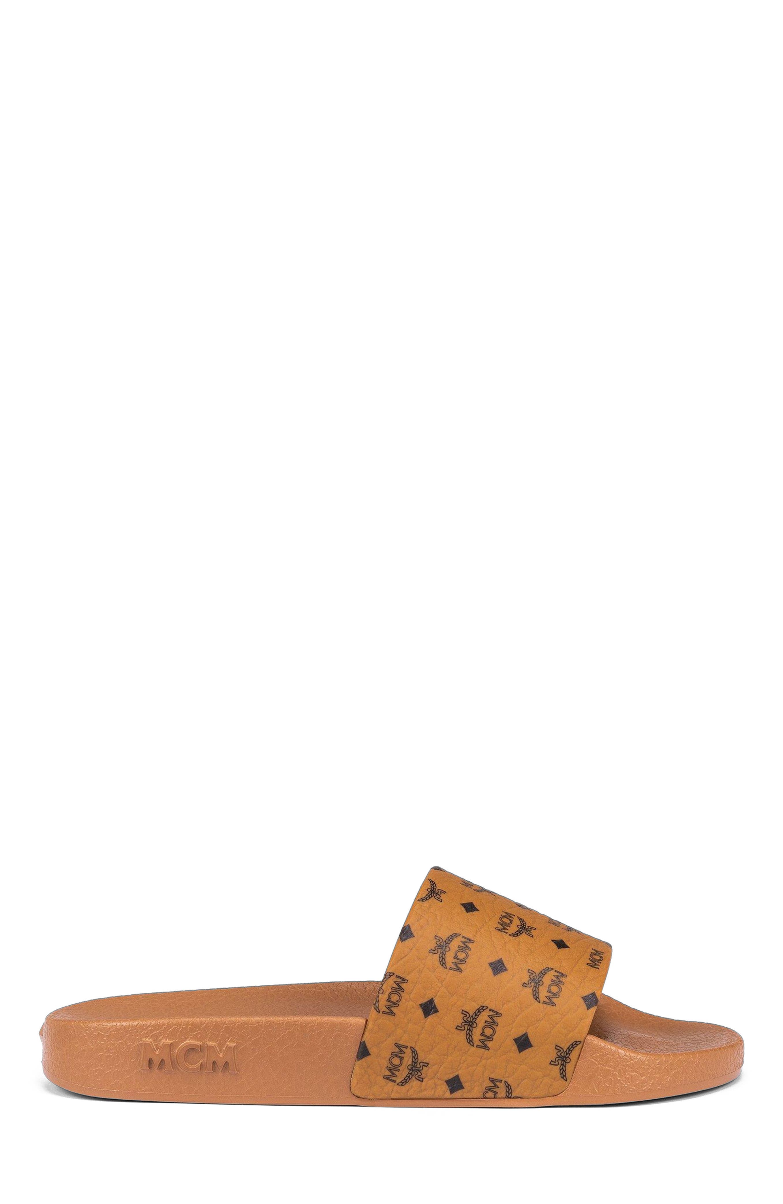 MCM Monogram Print Rubber Slides, Alternate, color, Cognac