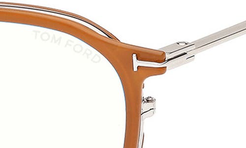 Tom Ford 50mm Round Blue Light Blocking Glasses In Milky Amber/palladium