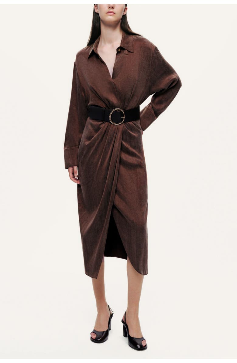 Nocturne Belted Draped Shirt-Collar Maxi Dress, Alternate, color, Brown